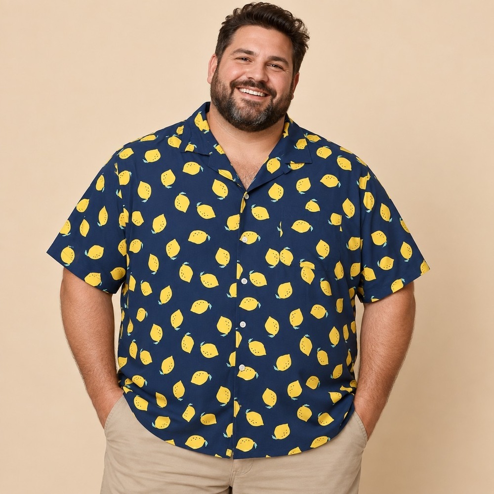 Goodfellow Navy Lemon Print Camp Shirt Men's 2XL Tropical Aloha Citrus Tuscan